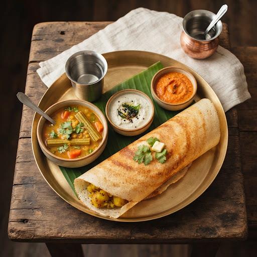 Masala dosa with sambar and chutney