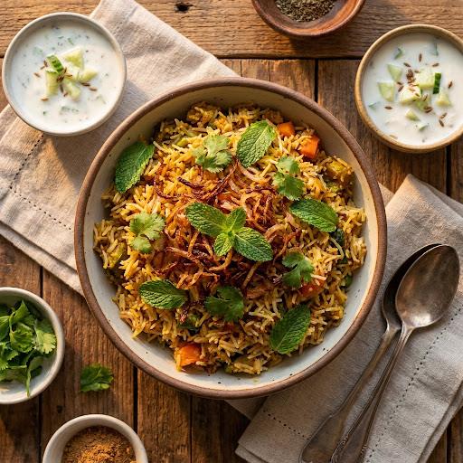 Vegetable biryani served with raita